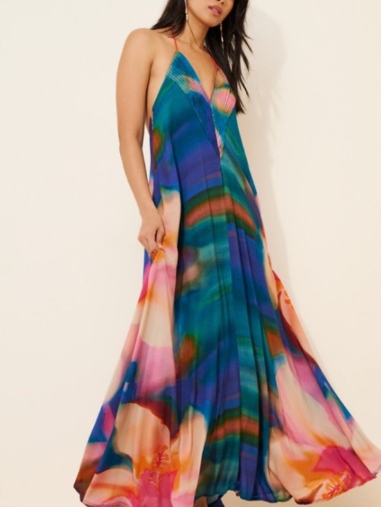Free People Dresses & Skirts - Free People Catalina Halter Maxi Dress Backless Rainbow Tie Dye Boho XL